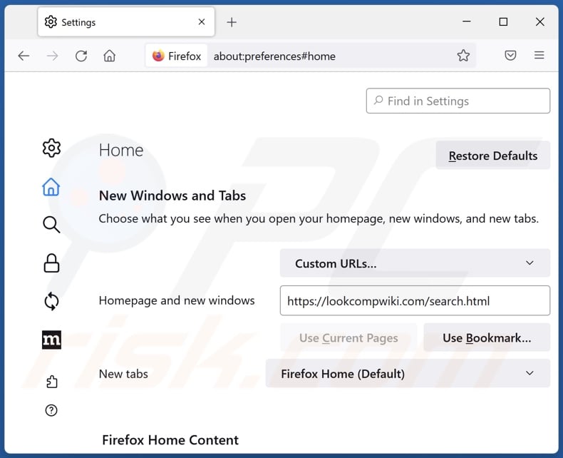 Removendo lookcompwiki.com da página inicial do Mozilla Firefox