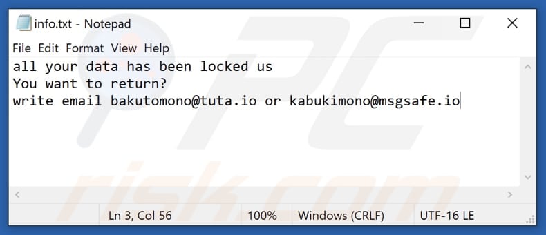 Ficheiro de texto do ransomware Mono (info.txt)