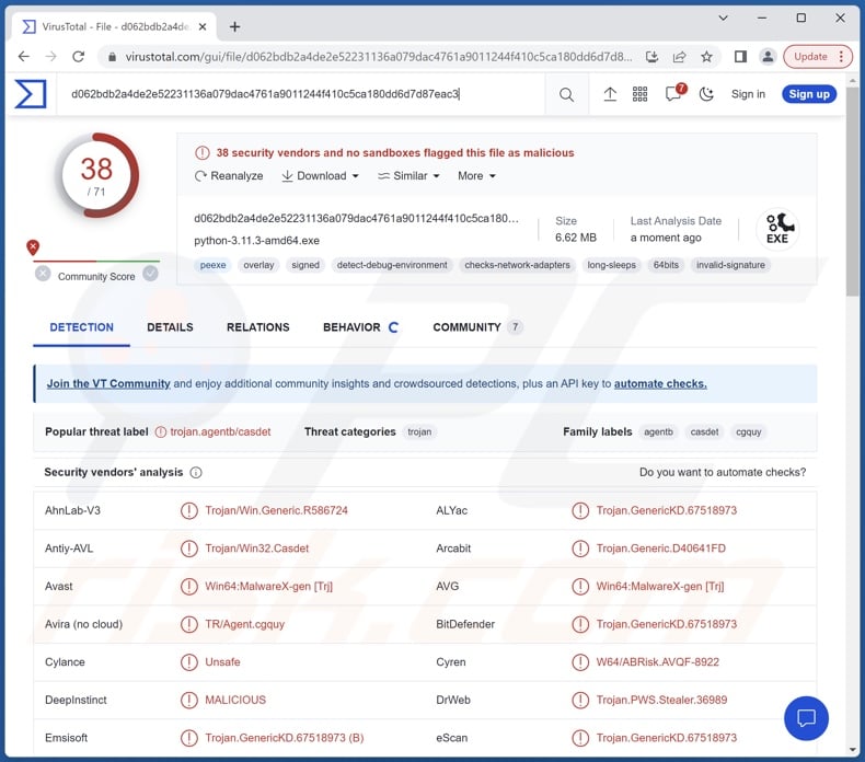 RustyStealer malware detecções no VirusTotal