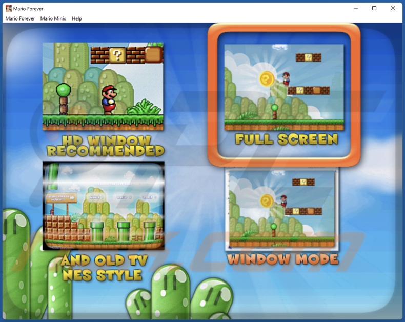 Interface de jogo do Super Mario 3 trojanizado que prolifera o ladrão Umbral