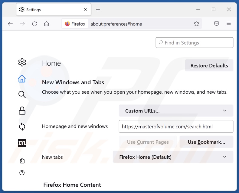 Removendo masterofvolume.com da página inicial do Mozilla Firefox