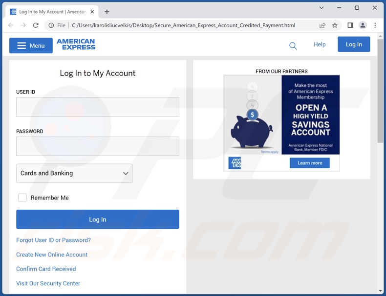 anexo de phishing promovido por email fraudulento de American Express Merchant Reward (Secure_American_Express_Account_Credited_Payment.html)