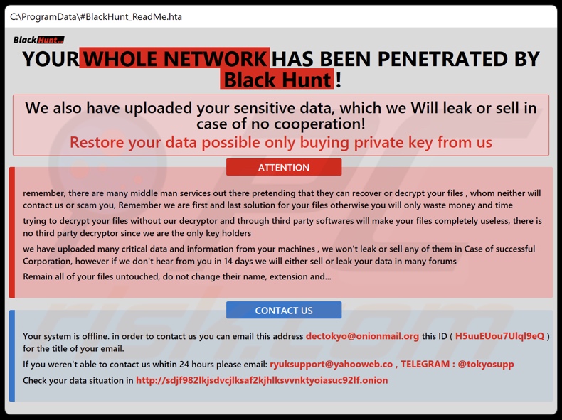 Nota de resgate do ransomware Black Hunt 2.0 (#BlackHunt_ReadMe.hta)