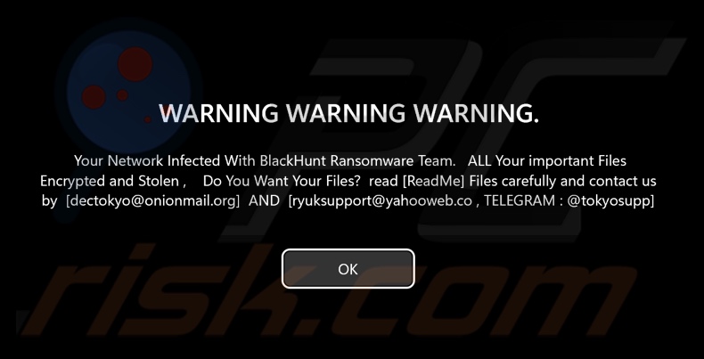 Ecrã do ransomware Black Hunt 2.0 antes do início de sessão