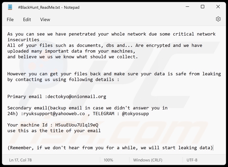 Ficheiro de texto do ransomware Black Hunt 2.0 (#BlackHunt_ReadMe.txt)