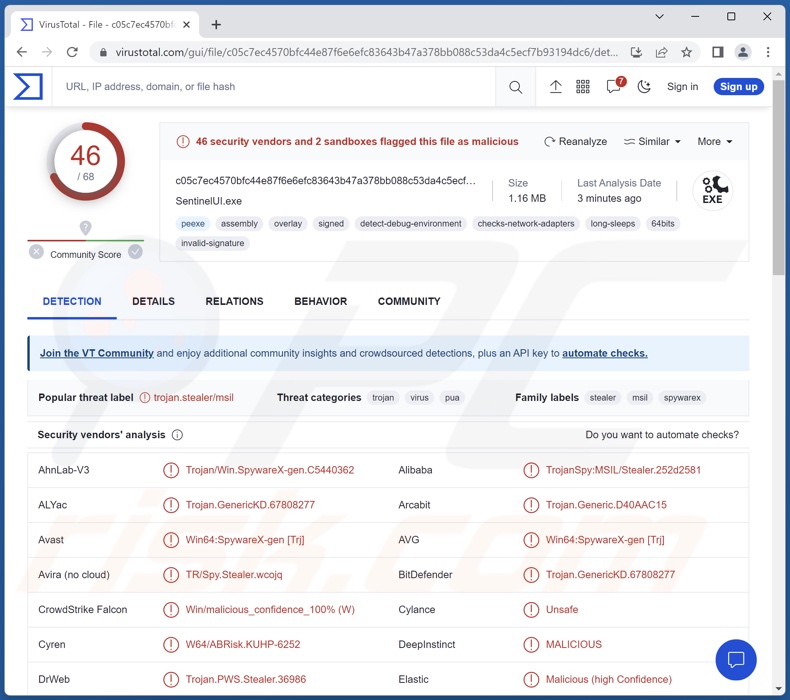 Detecções de malware do CustomerLoader no VirusTotal