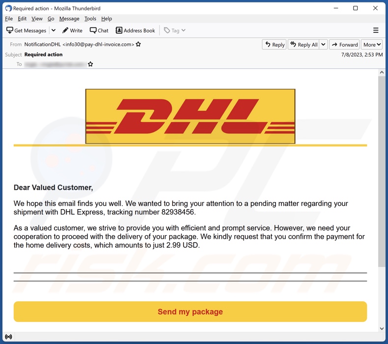 DHL Delivery Payment campanha de spam por correio eletrónico