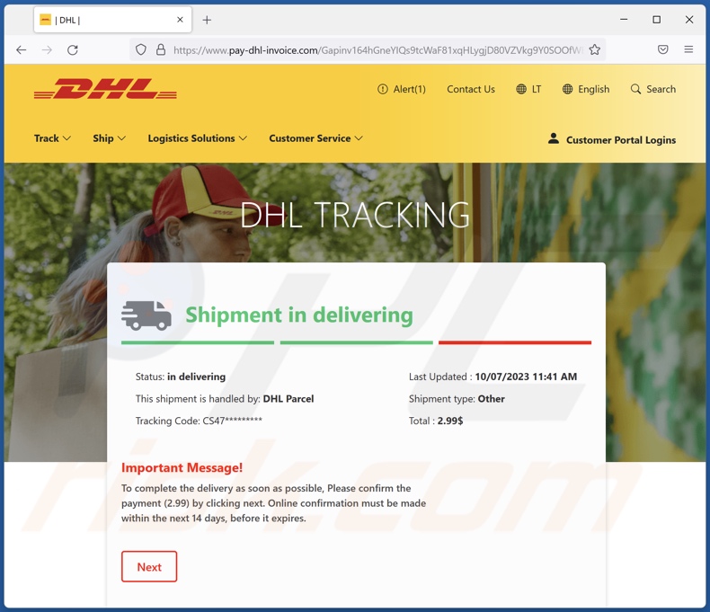 DHL Delivery Payment e-mail fraudulento promoveu site falso da DHL