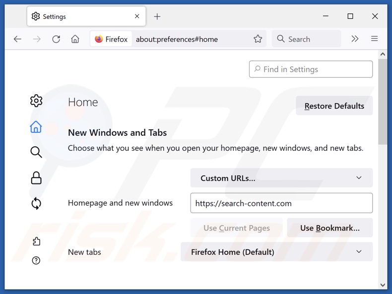 Remoção do search-content.com da página inicial do Mozilla Firefox