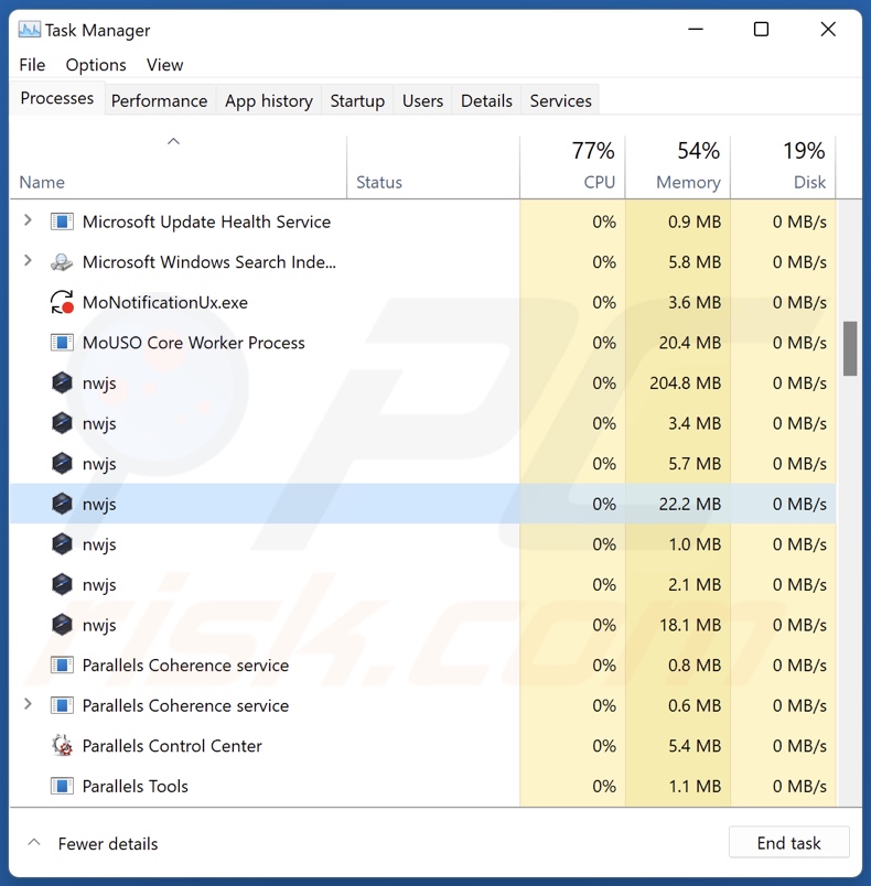 Processo do adware Subtitles no Gestor de Tarefas (nwjs - nome do processo)