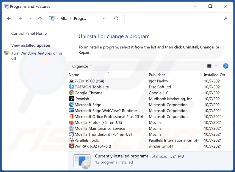 Desinstalação do adware Subtitles através do Painel de Controlo