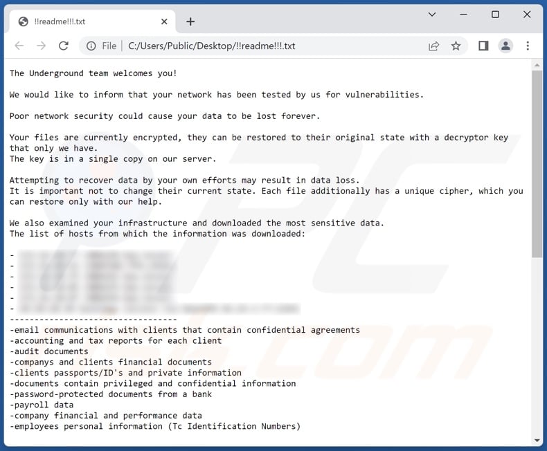 Nota de resgate do ransomware Underground Team (!!readme!!!.txt)