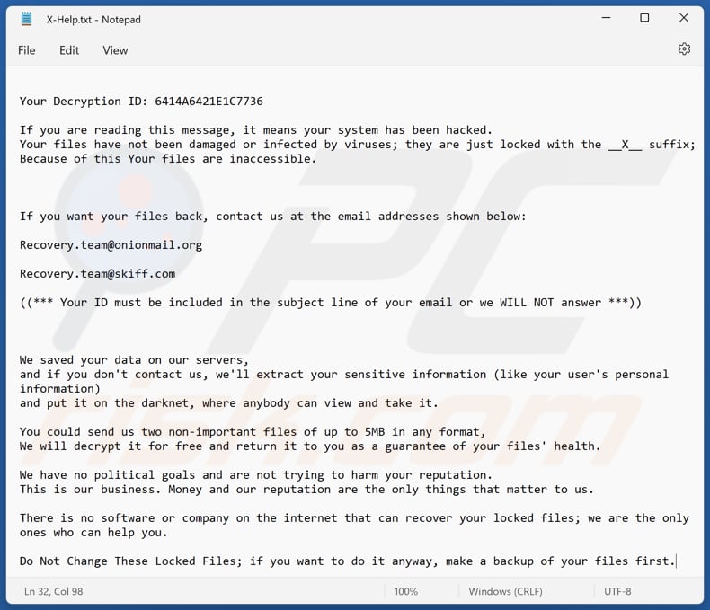 Ficheiro de texto do ransomware X (X-Help.txt)