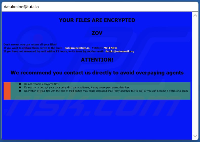 Janela pop-up do ransomware ZOV