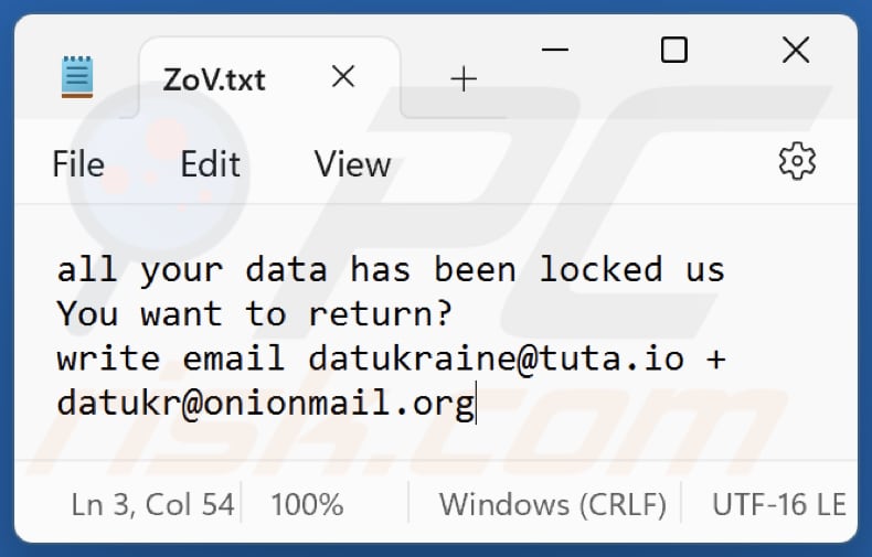 Ficheiro de texto do ransomware ZOV (ZoV.txt)