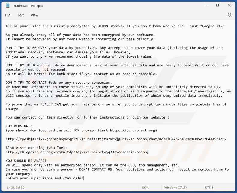 Nota de resgate do ransomware BIDON (readme.txt)