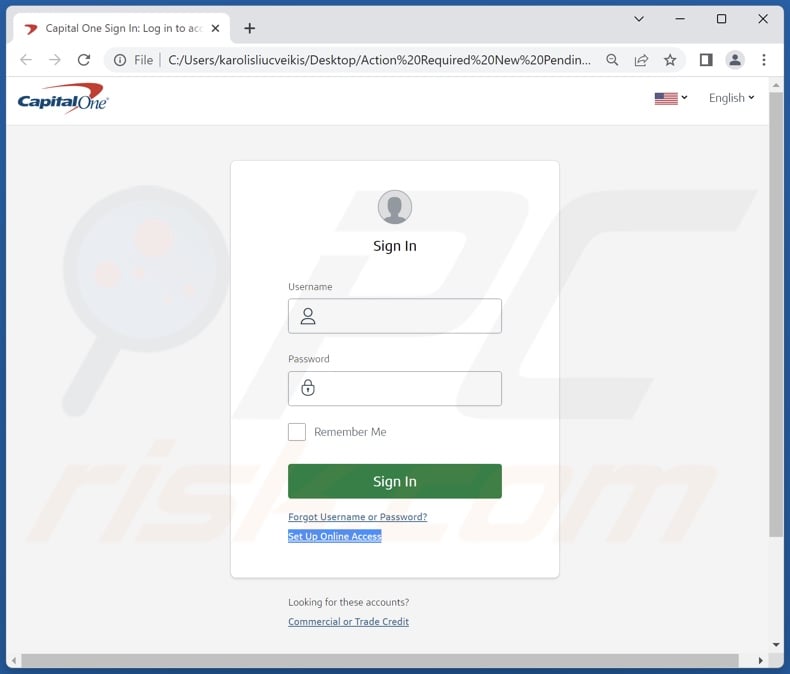 Capital One SECURITY MESSAGE e-mail fraudulento promovido ficheiro de phishing (Action Required New Pending E-payment on Your Account.html)