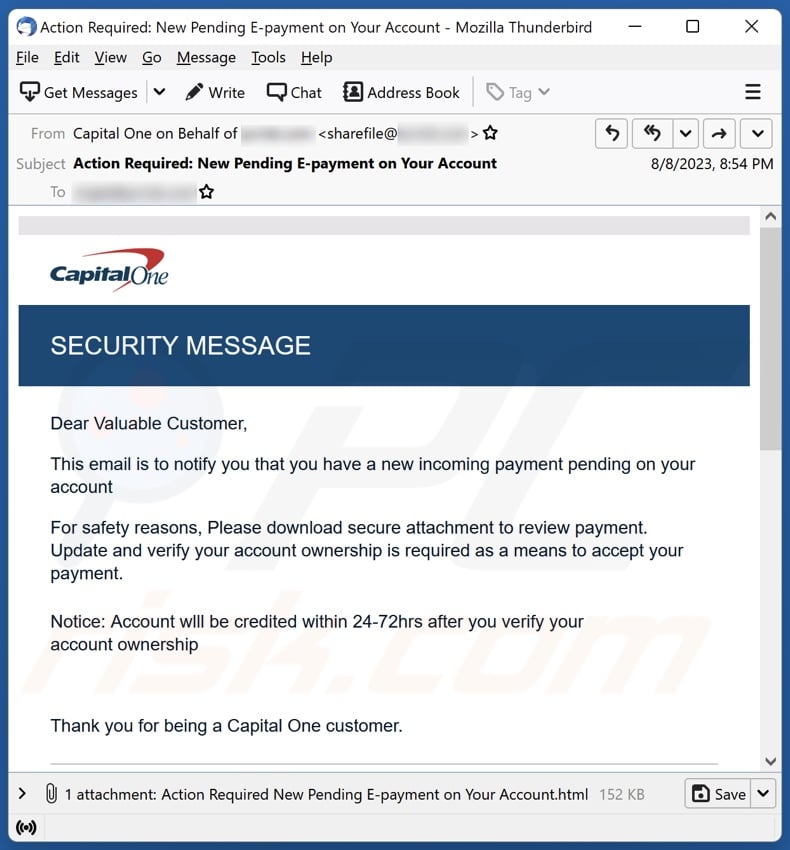 Capital One SECURITY MESSAGE campanha de spam por correio eletrónico