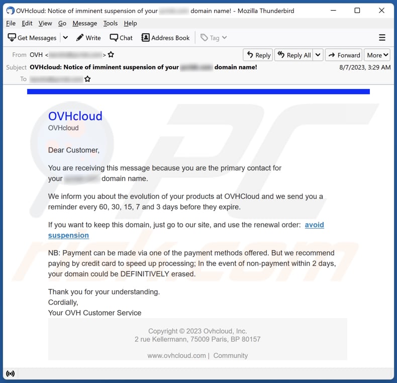 campanha de spam por email OVHCloud Suspension