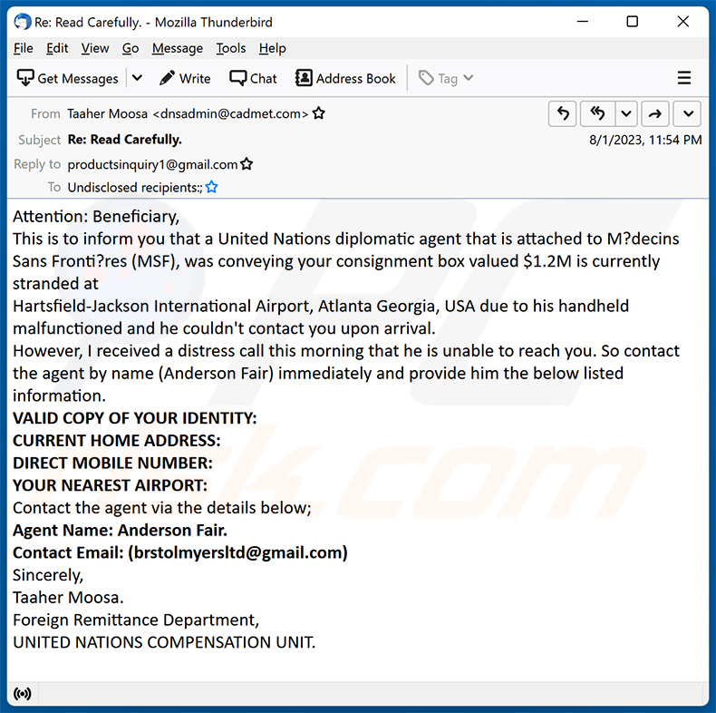United Nations - Abandoned Shipment burla por correio eletrónico (2023-08-11)
