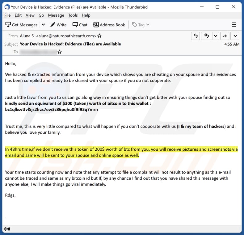 campanha de spam por email We Hacked & Extracted Information From Your Device