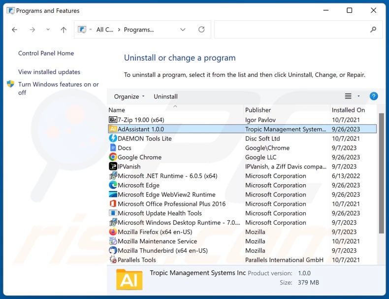 Desinstalação do adware AdAssistant via Painel de Controlo