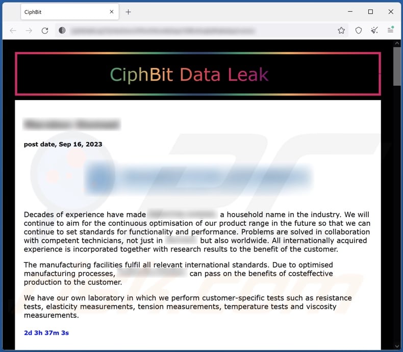 Site de fuga de dados do ransomware CiphBit na rede Tor