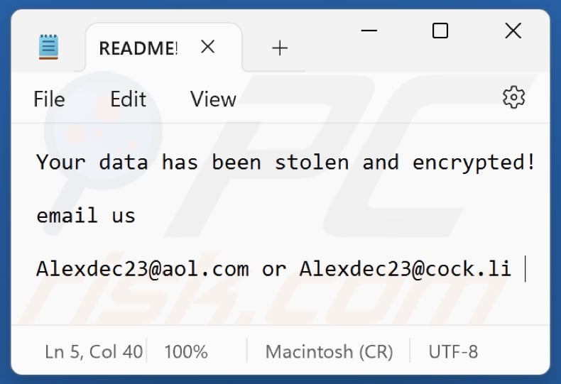 Ficheiro de texto do ransomware DOOK (README!.txt)