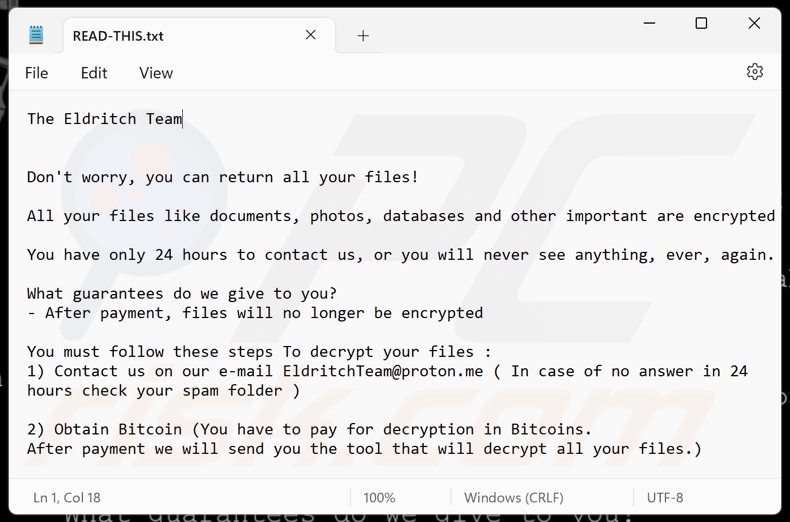 Nota de resgate do ransomware Eldritch (READ-THIS.txt)