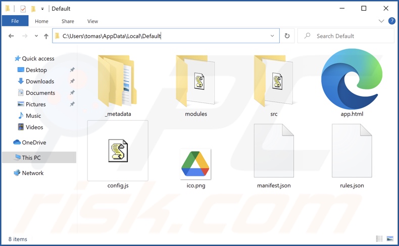 Pasta de instalação da extensão falsa do Google Drive (com o título Pré-definição)