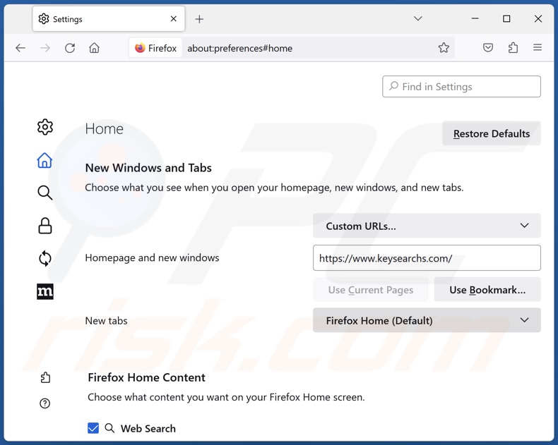 Removendo keysearchs.com da página inicial do Mozilla Firefox