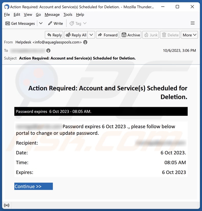 campanha de email spam Account And Service(s) Scheduled For Deletion