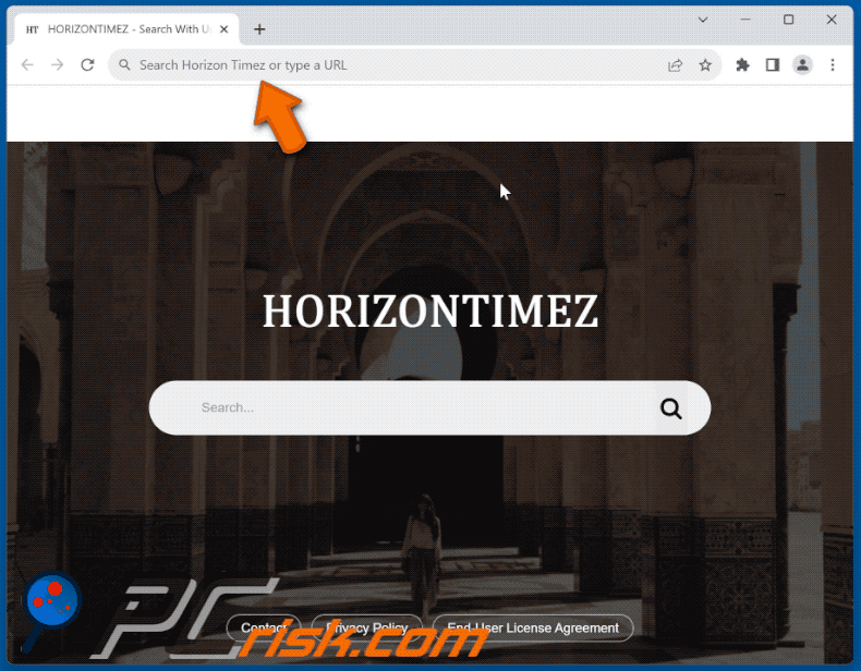 Sequestrador de navegador Horizon Timez que redirecciona para o Bing (GIF)
