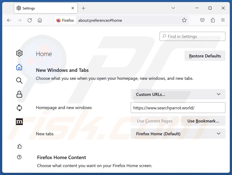 Remoção do searchparrot.world da página inicial do Mozilla Firefox