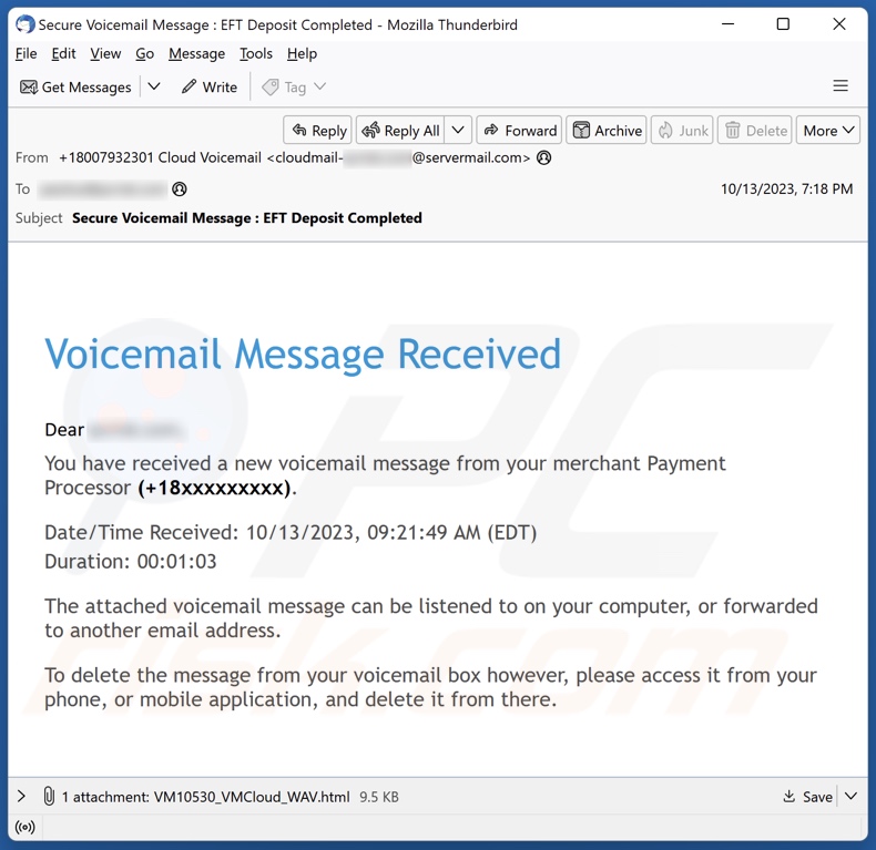 campanha de spam por email Voicemail Message Received