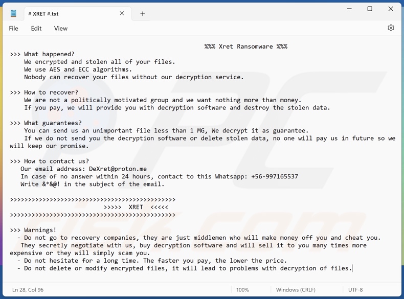 Nota de resgate do ransomware Xret (# XRET #.txt)
