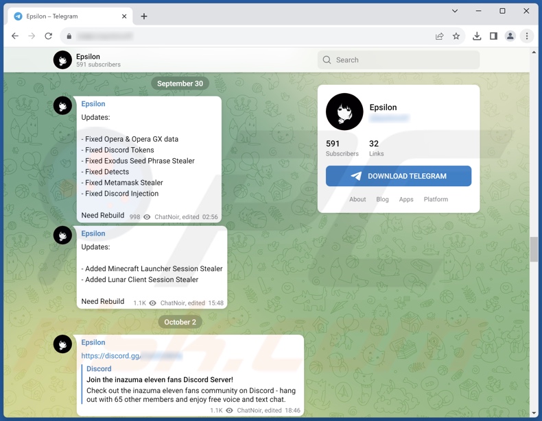 Malware Epsilon promovido no Telegram