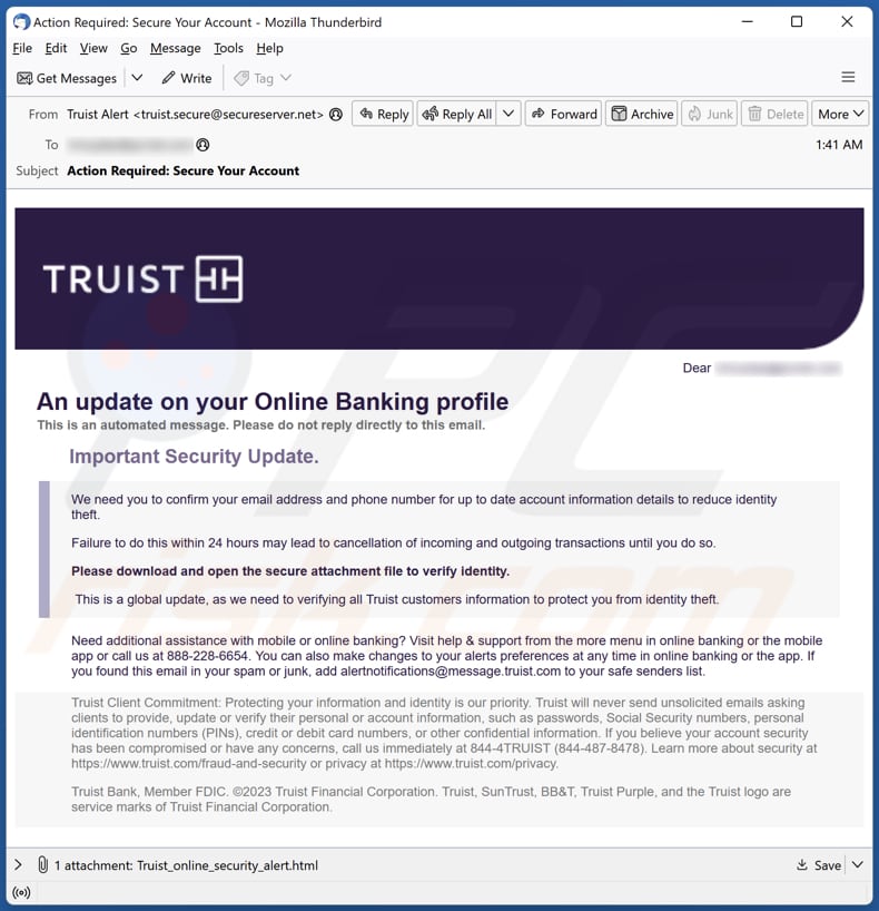Truist Online Banking Profile campanha de spam por correio eletrónico