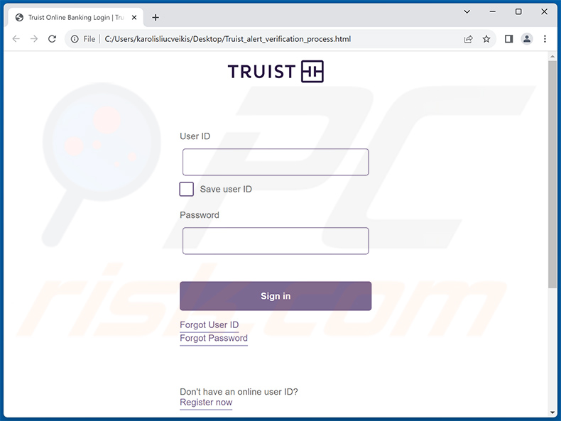 Documento HTML de phishing distribuído utilizando o Truist Online Banking Profile (amostra 2)