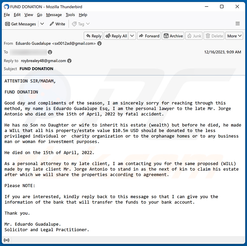 Fund Donation email scam (2023-12-19)