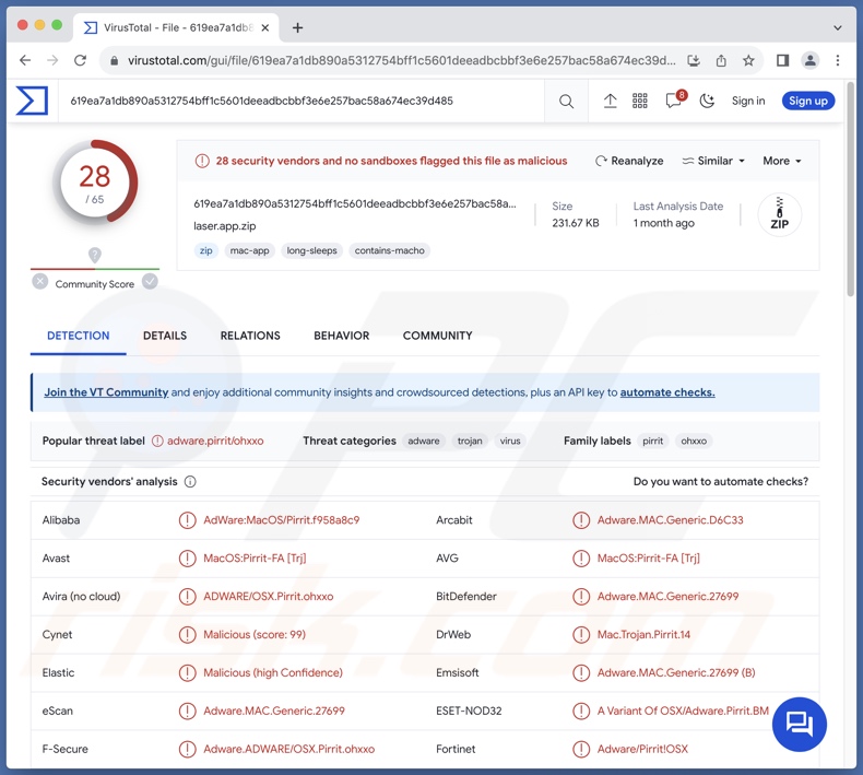 Detecções do adware Laser.app no VirusTotal