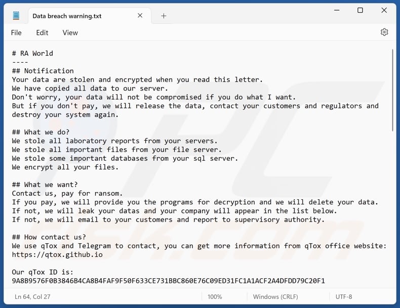 Nota de resgate do ransomware RA World (Data breach warning.txt)