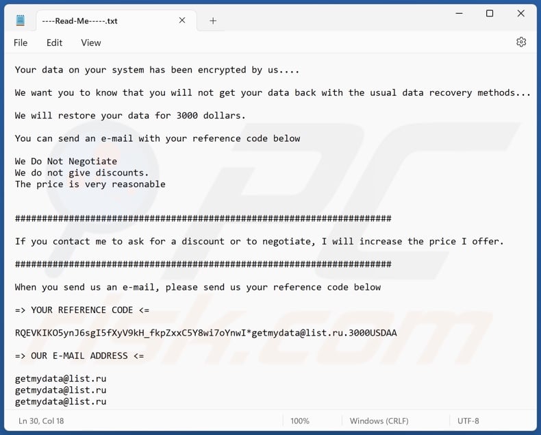 Nota de resgate do ransomware 3000USDAA (----Read-Me-----.txt)