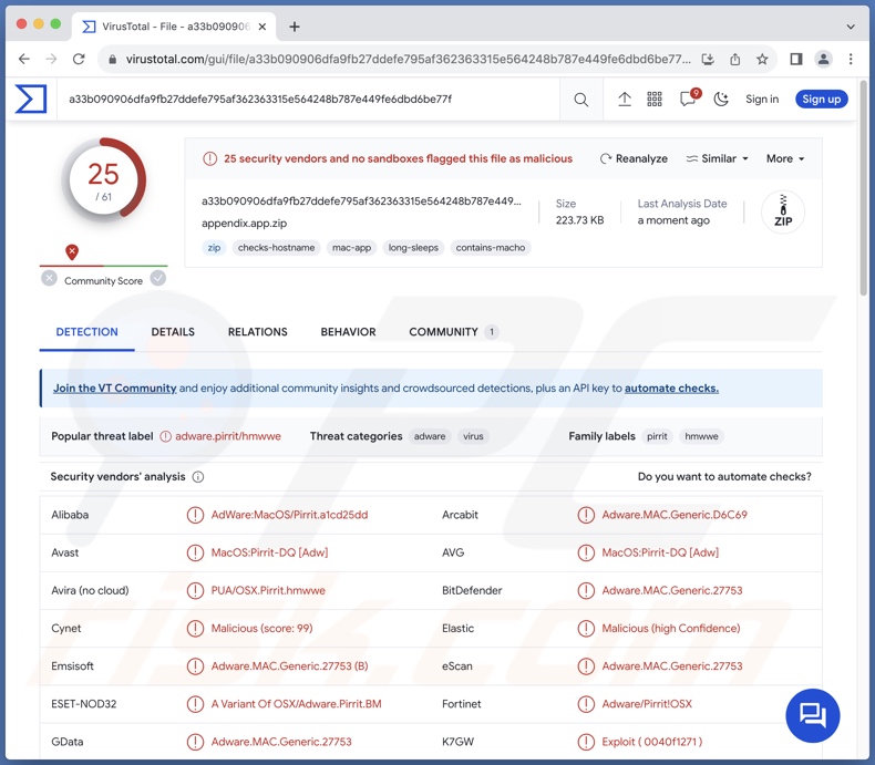 Detecções do adware Appendix.app no VirusTotal