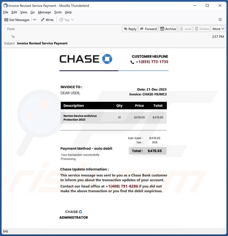 campanha de email spam Chase Bank Invoice