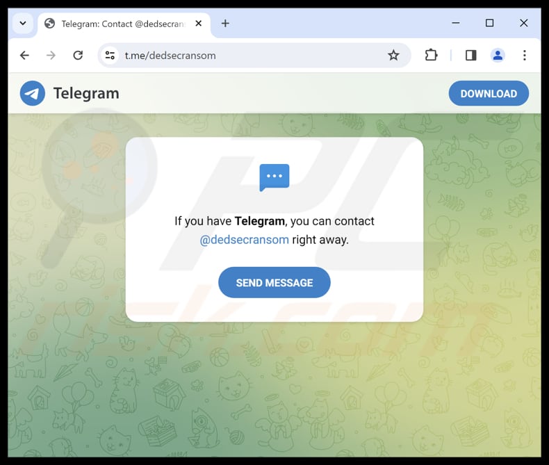 Contacto do ransomware Dedsec através do Telegram