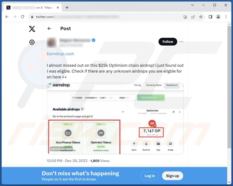 Publicação de X (Twitter) a promover a fraude Earndrop