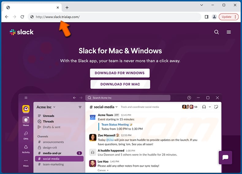 Site de descarregamento falso do Slack Malware FakeBat e Atomic Stealer