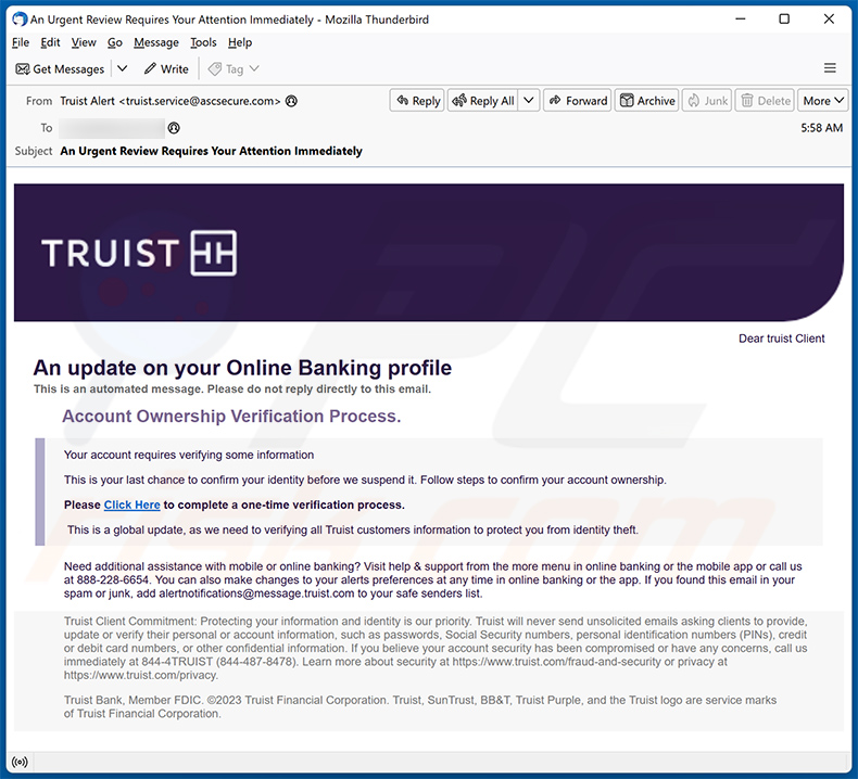 Truist Online Banking Profile burla por correio eletrónico (2024-01-11)
