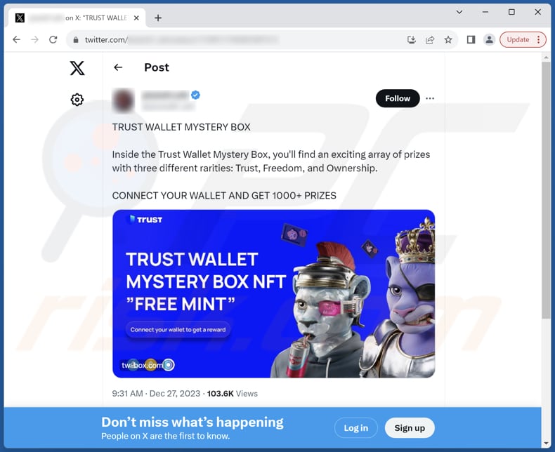 Trust Wallet Mystery Box scam Publicação no Twitter (X) a promover este esquema